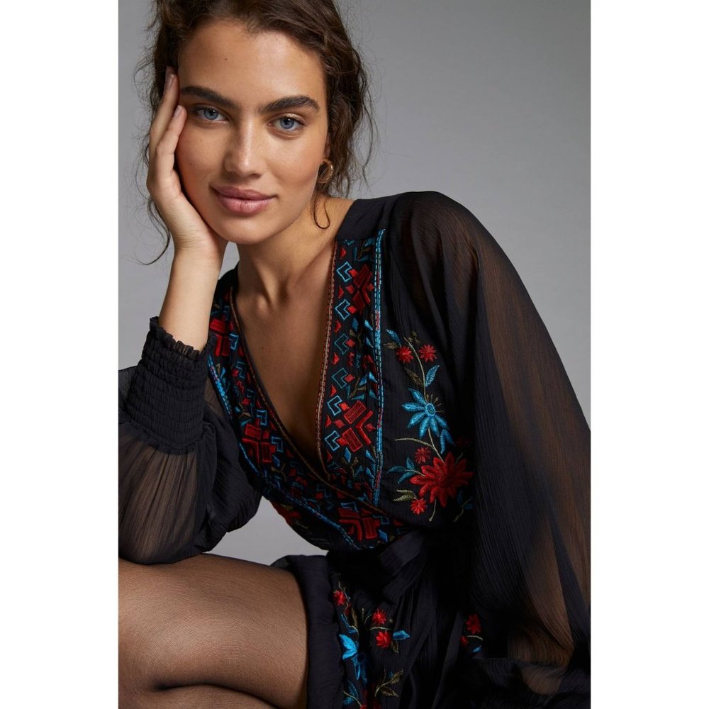 Anthropologie Not So Serious Embroidered Wrap Mini Dress - Picture 4 of 10